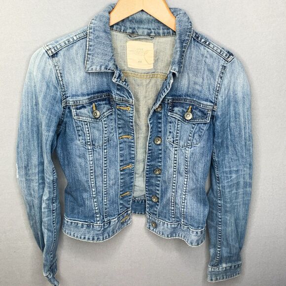 LOGG by HM Jackets & Blazers - LOGG H&M Blue Faded Vintage Wash Distressed Denim Jacket Women Button Country